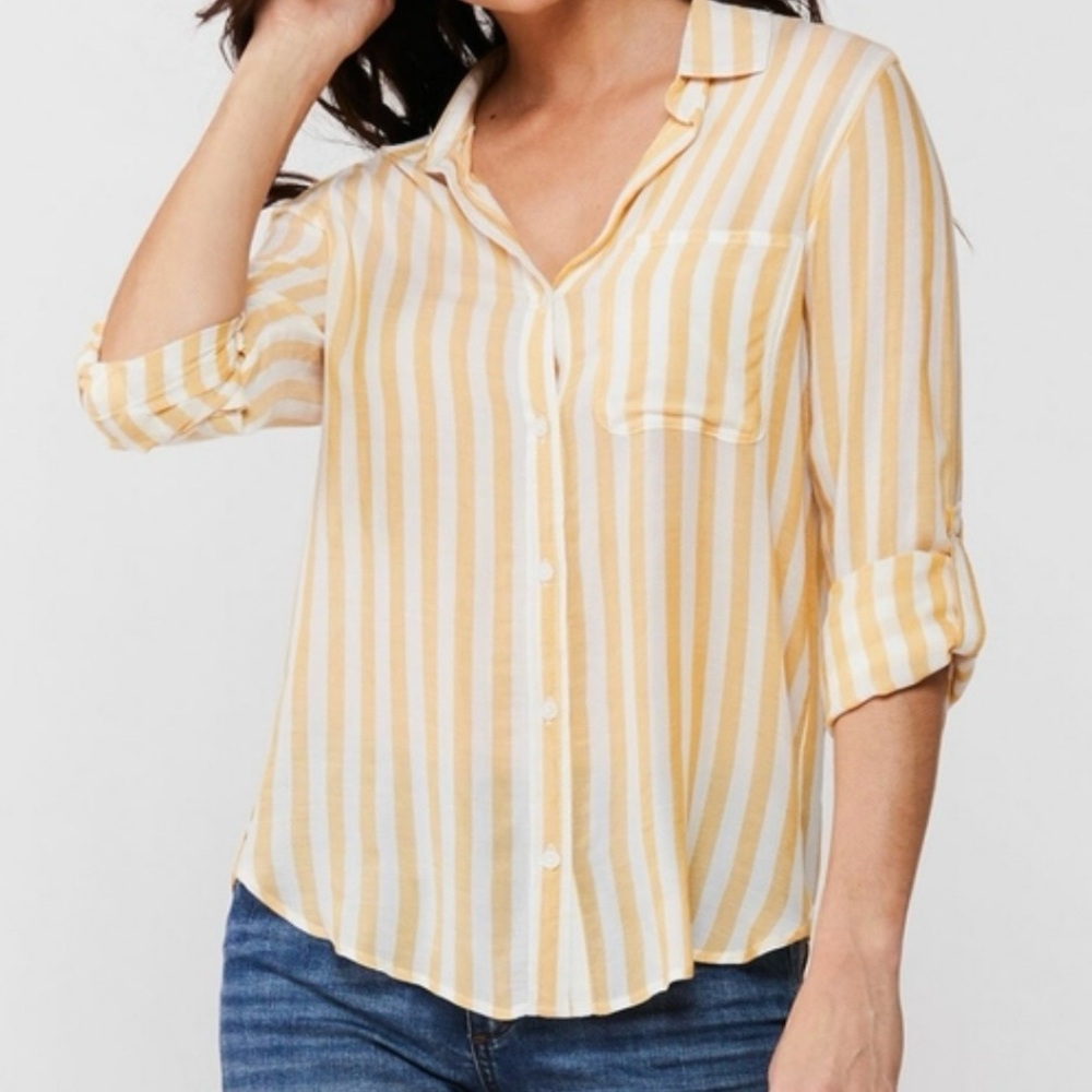 Velvet Heart Yellow and White Striped Button Down Shirt size L Rayon